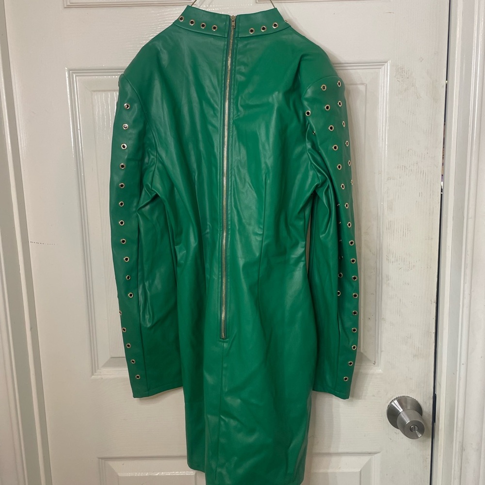 Green Leather Jacket with Eyelet Detailing